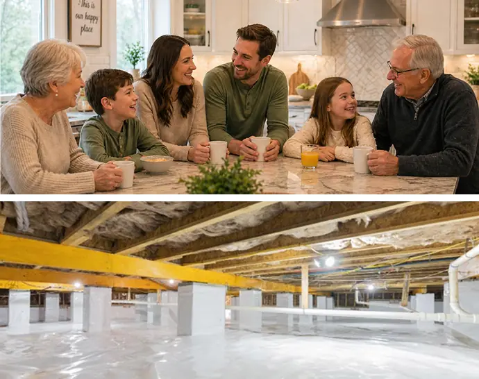 Collage of happy family and encapsulated crawl space